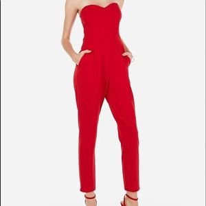 Express STRAPLESS SWEETHEART NECK JUMPSUIT IN RACING RED